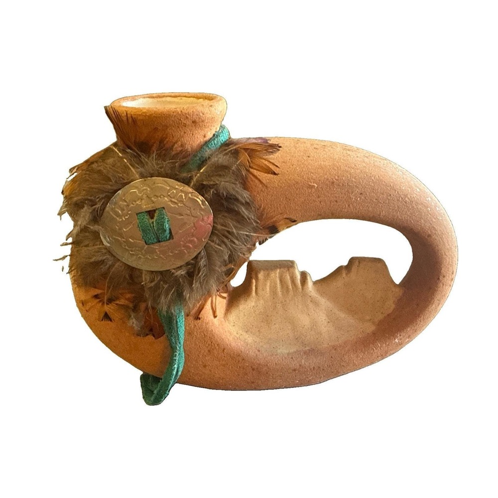 Native American RAKU Pottery Vase Feathers